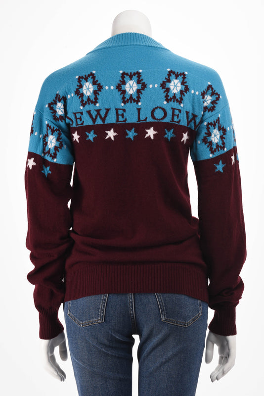 Loewe Blue & Burgundy Wool Snowflake Sweater L - Blue Spinach