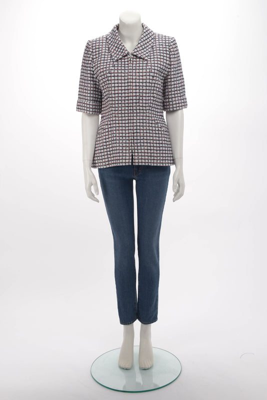 Chanel Pink & Blue Check Tweed Short Sleeve Jacket FR 40 - Blue Spinach