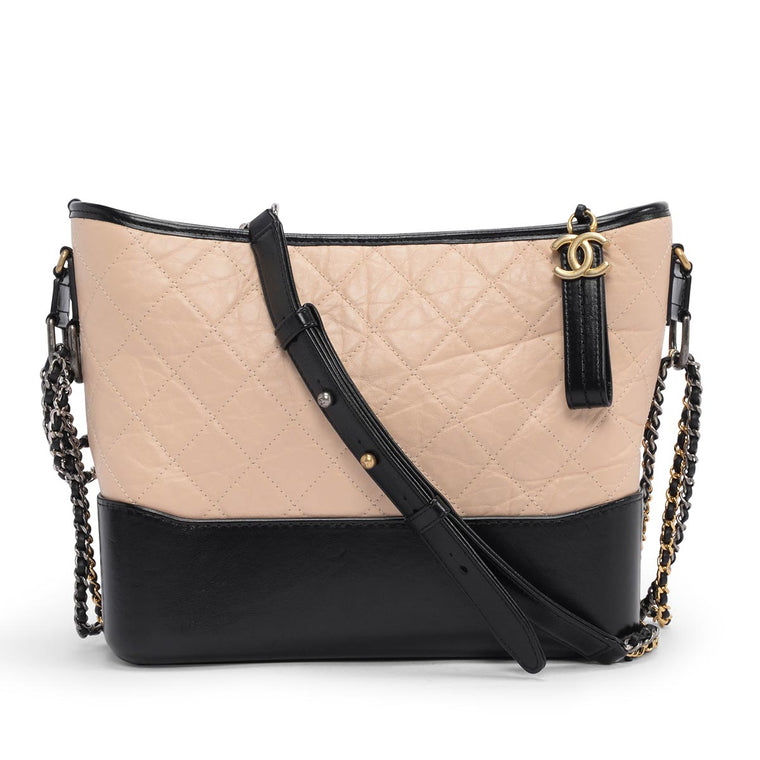 Chanel Beige & Black Quilted Leather Medium Gabrielle Hobo Bag
