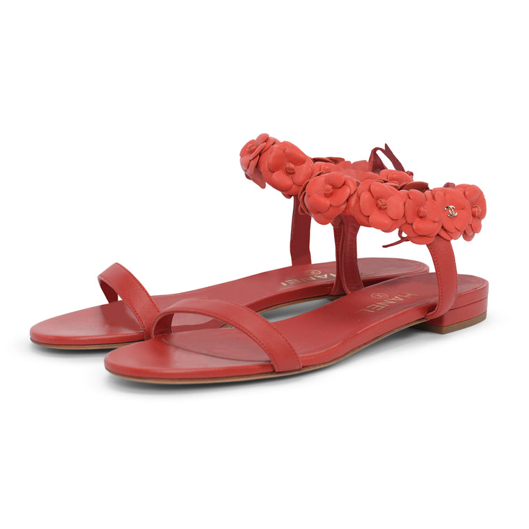 Chanel Red Lambskin Camellia Sandals 39