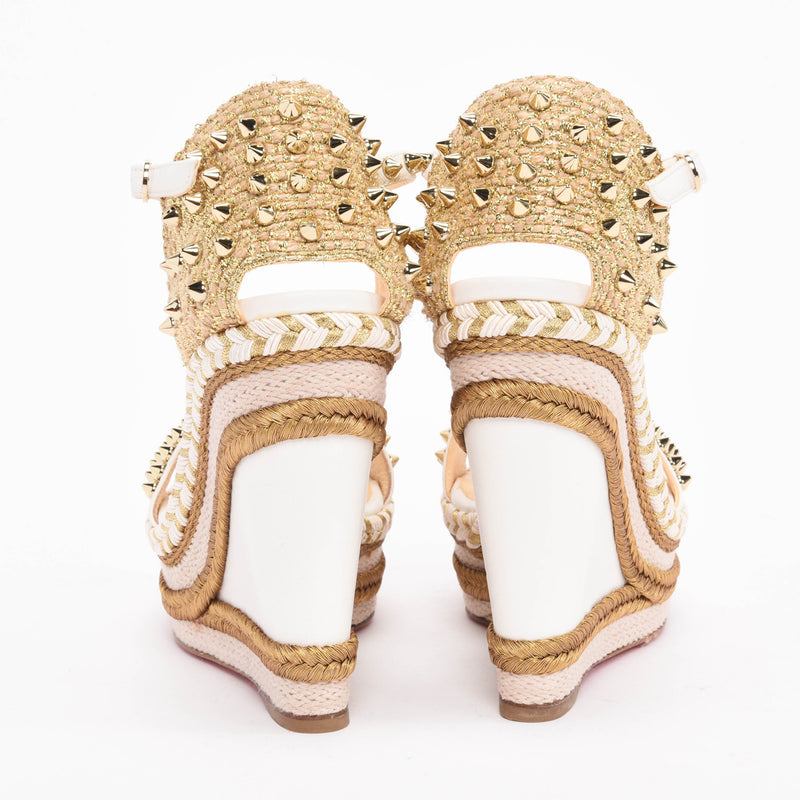 Christian Louboutin White & Gold Studded Madmonica Wedges 37 - Blue Spinach