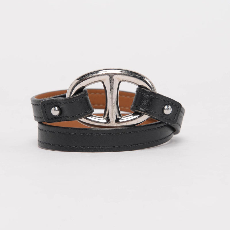 Hermes Etoupe Swift Leather Palladium Plated Rivale Double Tour Bracelet  Size S | Yoogi's Closet