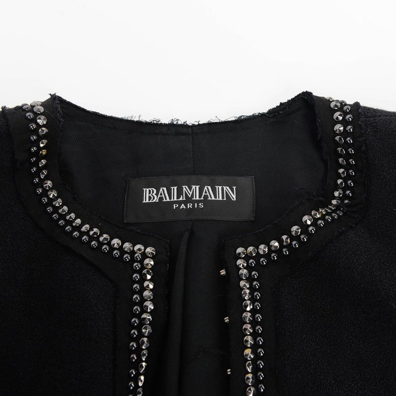 Balmain Black Linen Embellished Back Jacket FR 40 - Blue Spinach