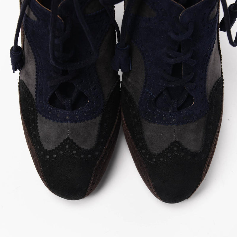 Hermes Tri-Colour Suede Brogue Lace-Up Booties 36 - Blue Spinach