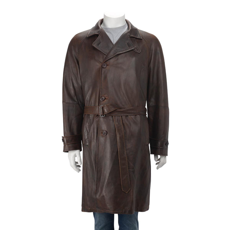 Zegna Brown Burnished Leather Belted Trench Coat 50