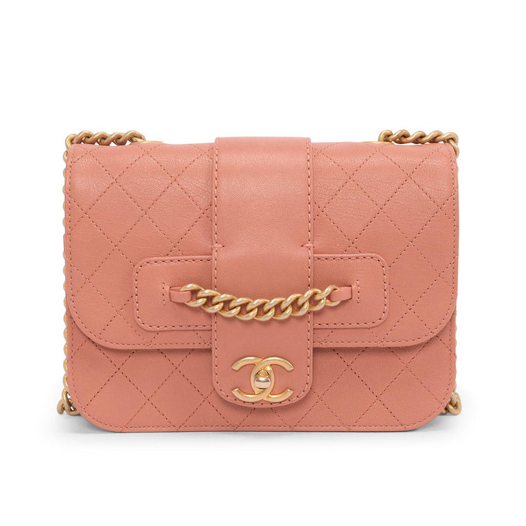 Chanel Pink Quilted Sheepskin Front Chain Flap Bag