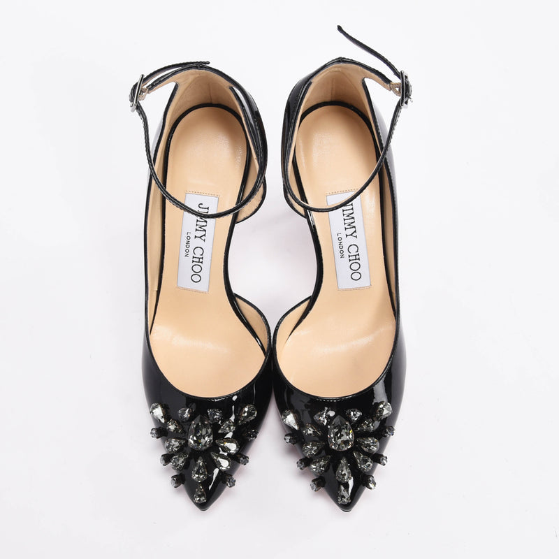 Jimmy Choo Black Patent Crystal Embellished Lucy Pumps 34 - Blue Spinach